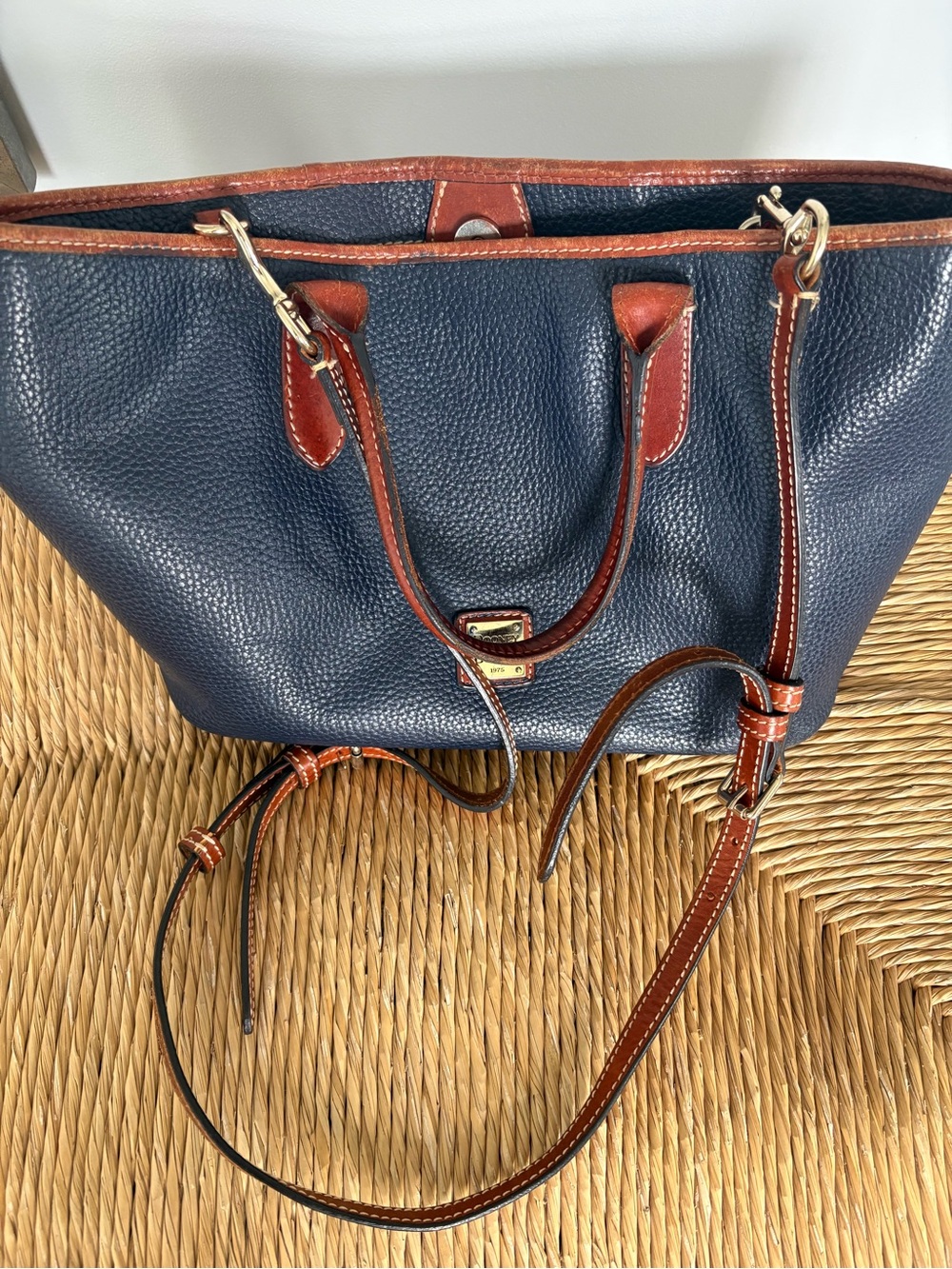 Leather Pebbled Navy Bag with Brown Trim